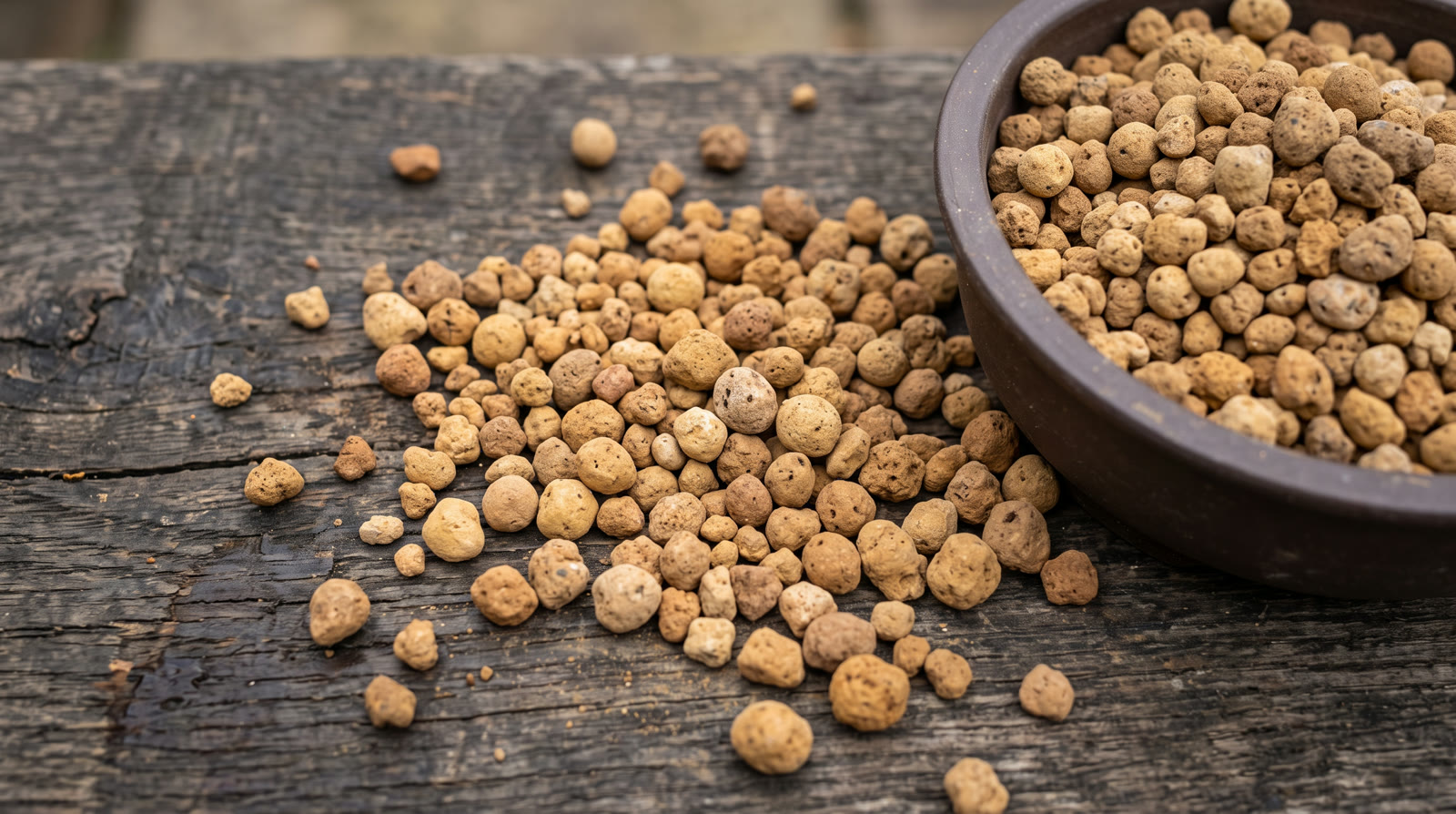 Rounded ochre akadama clay granules poured across dark timber beside a bowl of the same granules