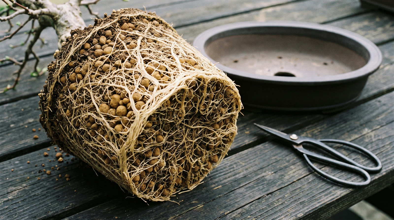 A bonsai rootball showing fine roots threading through akadama granules beside a shallow ceramic pot