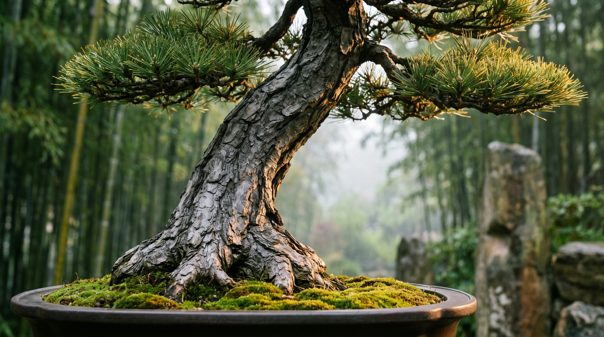 A specimen bonsai on a weathered timber bench in the Bamsai garden