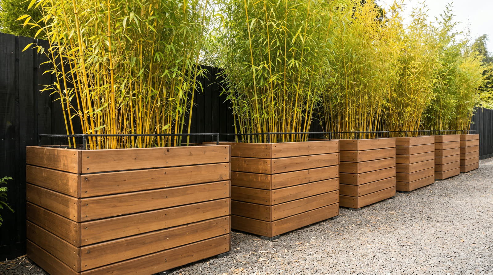 A run of timber-clad IBC planters along a garden boundary, holding a continuous bamboo screen of golden culms above a dark fence