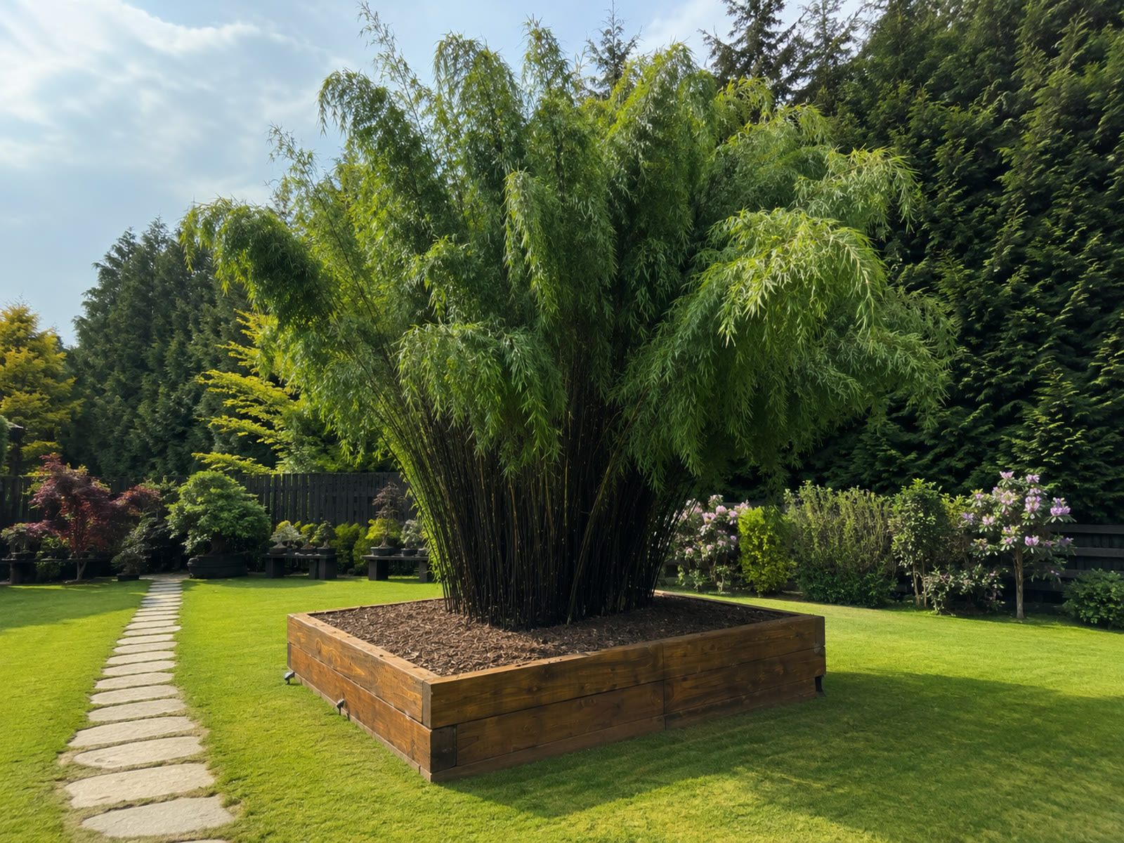 A mature clump of bamboo growing in a raised bed built from timber sleepers, on a lawn beside a stepping stone path